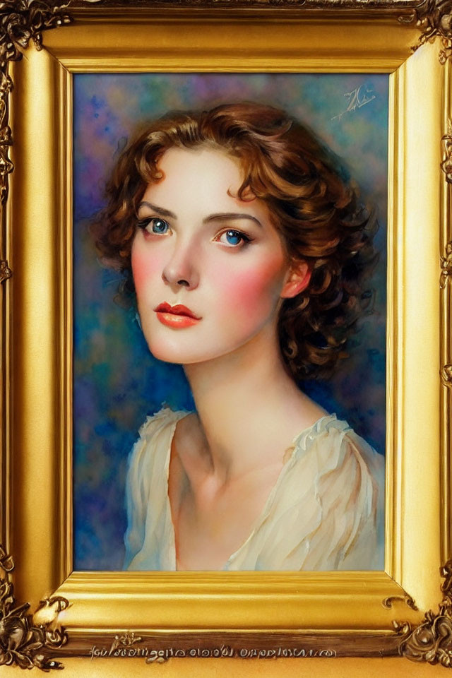 Young woman with curly hair in ornate golden frame portrait.