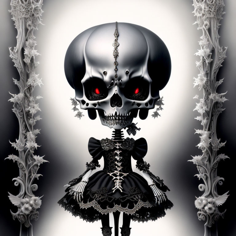 Gothic character with skull head, red eyes, and black dress between white pillars