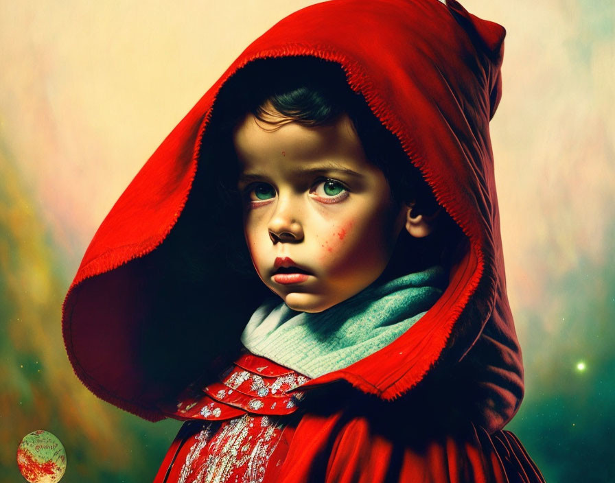 Serious child in red cloak against warm backdrop