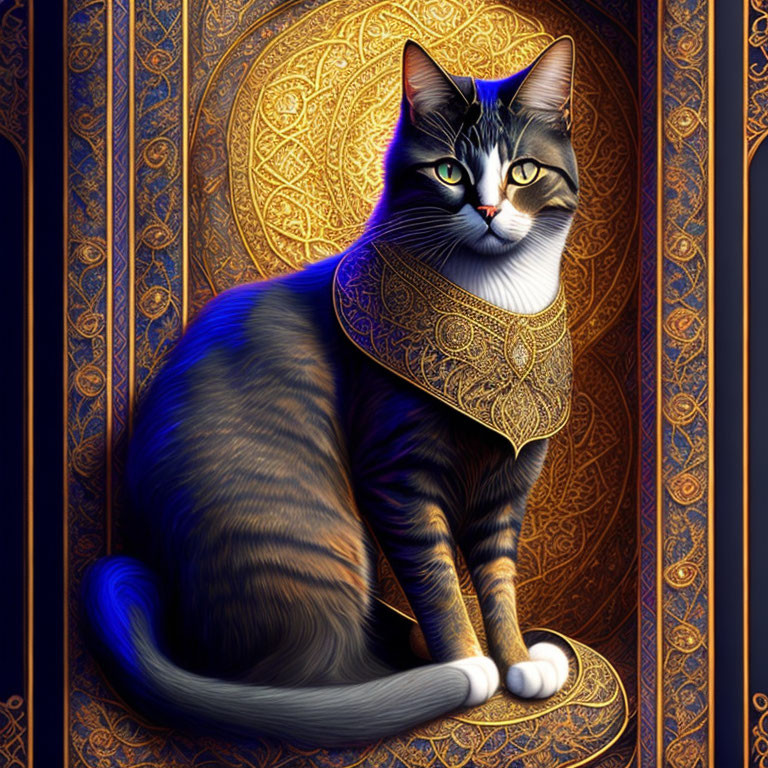 Elegant cat with golden patterns in ornate collar on dark blue background