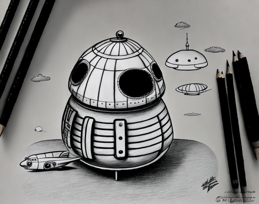Detailed pencil drawing of robotic sphere amidst spaceship sketches and intricate patterns.