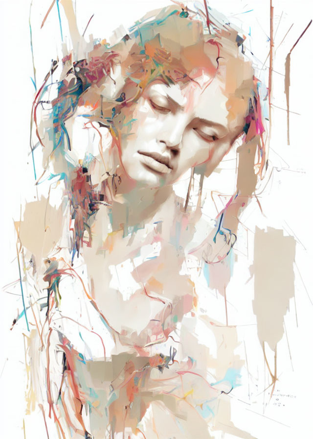 Abstract painting of tranquil face with dynamic brushstrokes