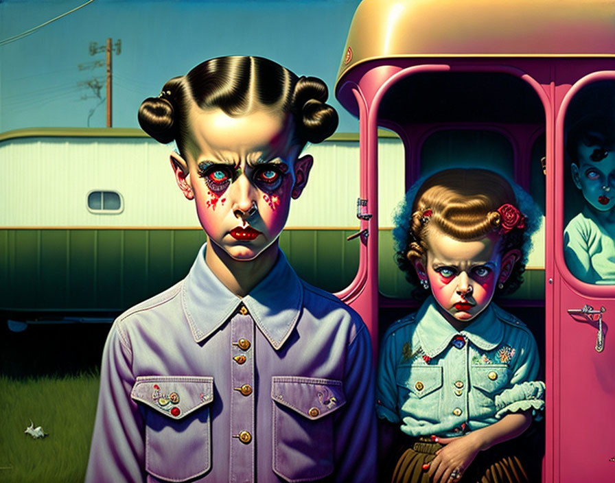 Stylized girls with vintage hairstyles in front of a bus, one standing with red eyes, the