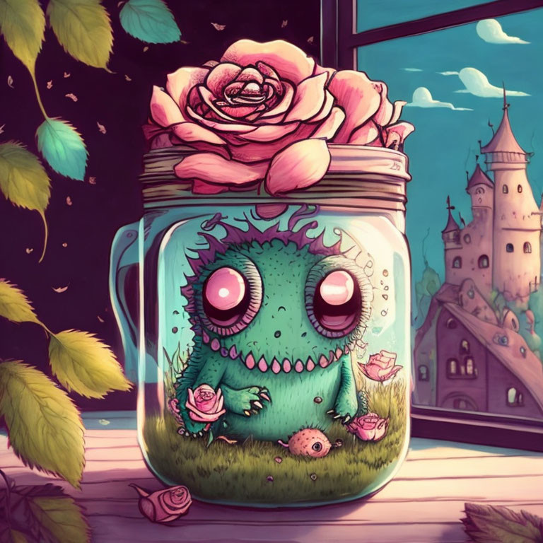 Green monster in clear jar with pink roses, castle view at twilight