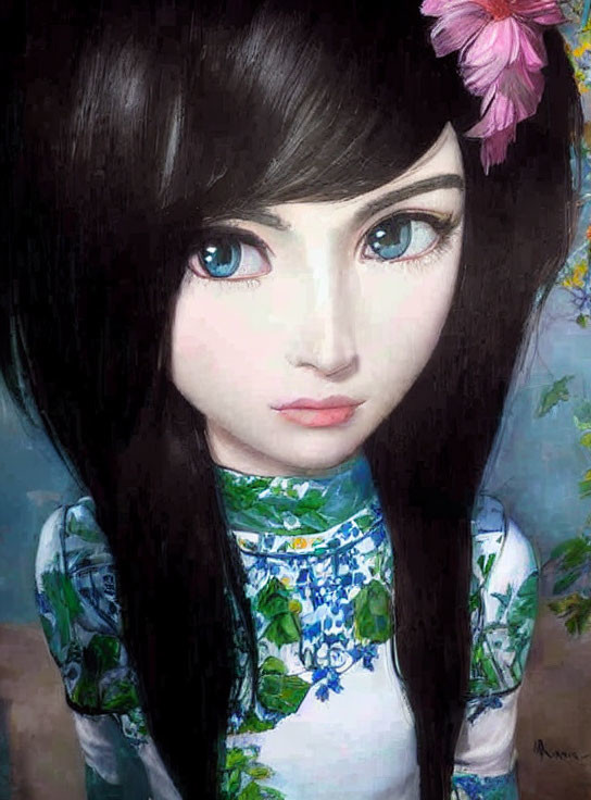 Detailed Illustration: Girl with Large Blue Eyes, Black Hair, Pink Flower, and Traditional Green Out