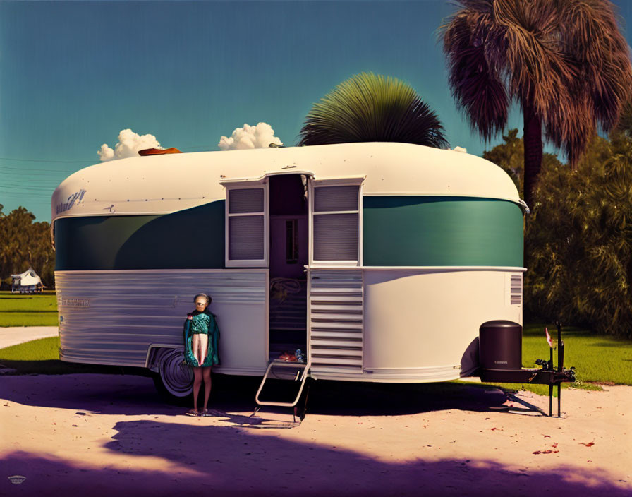 Vintage-style trailer with woman, palm trees, and grill under clear skies