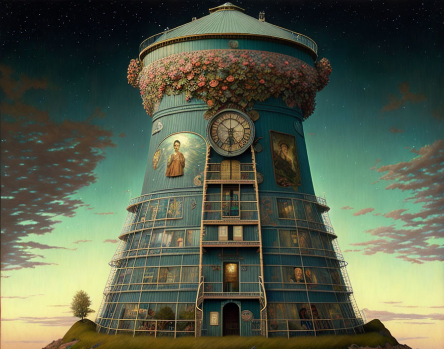 Surreal illustration of cylindrical building with clock and artworks under starry sky