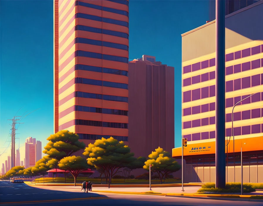 Sunny urban scene with tall buildings and people by bus stop