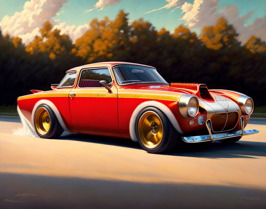Stylized illustration of classic red and white car with chrome finishes and racing stripes parked under warm sunlight