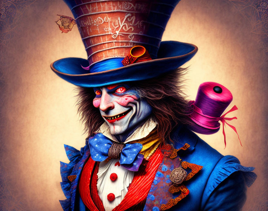 Colorful portrait of eccentric Mad Hatter with blue top hat and whimsical attire