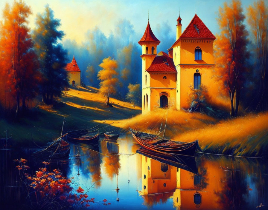 Serene river landscape with castle, boats, and autumn trees