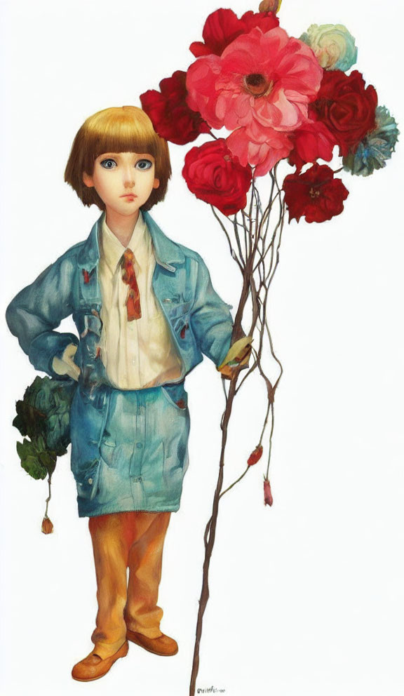 Child in Blue Denim Jacket Holding Flower Branch