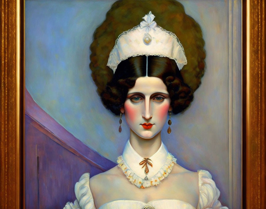 Portrait of Woman in White Dress with Pearl Necklace and Headdress on Blue Background