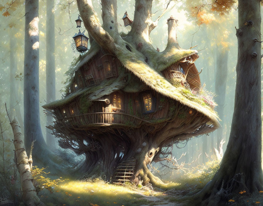 Illustration of enchanting treehouse in serene forest
