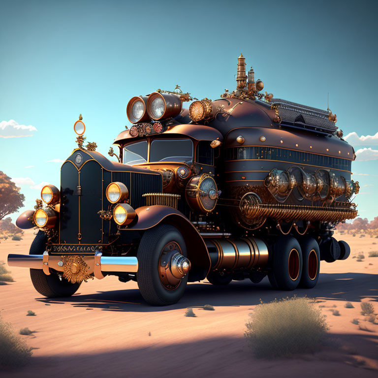 Steampunk-style bus with ornate detailing in desert landscape