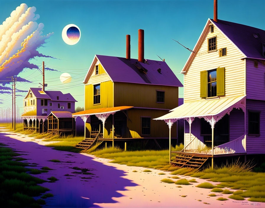 Colorful Surreal Illustration of Suburban Houses with Multiple Moons