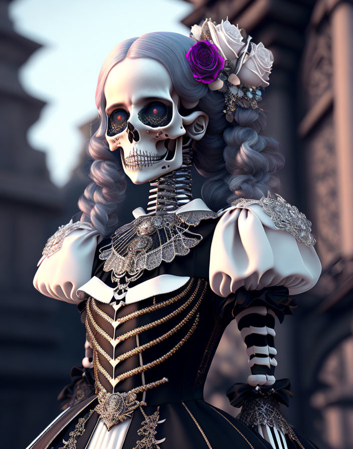 Elegant skeleton figure with long wavy hair and gothic-style dress