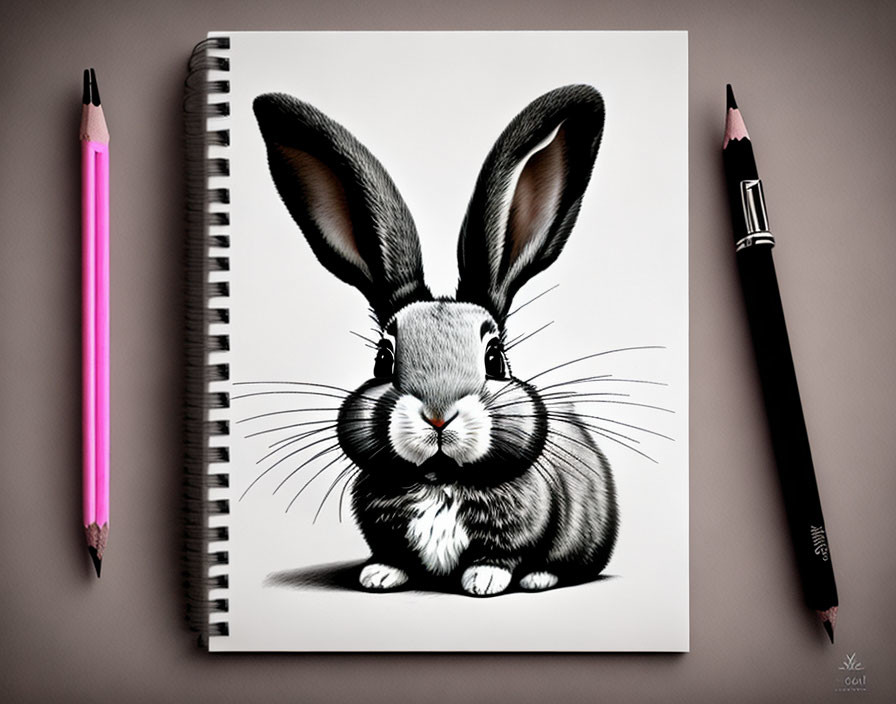 Realistic pencil sketch of a rabbit on spiral notebook with pink pencil and black pen.