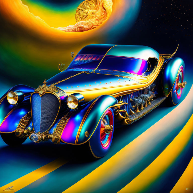 Colorful Stylized Classic Car with Neon Highlights and Galactic Background