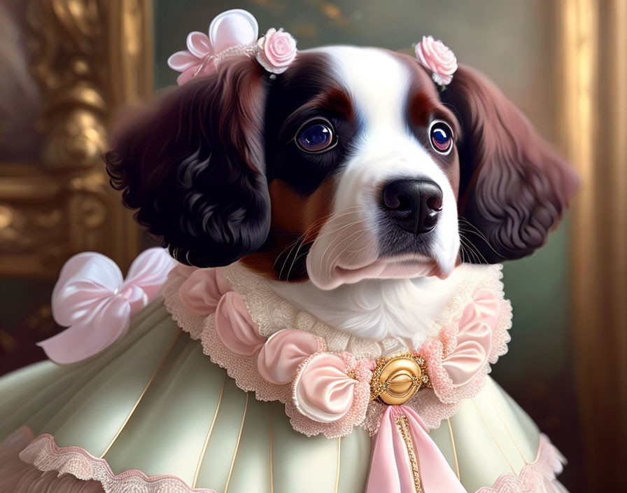 Regal dog in fancy dress with soulful eyes