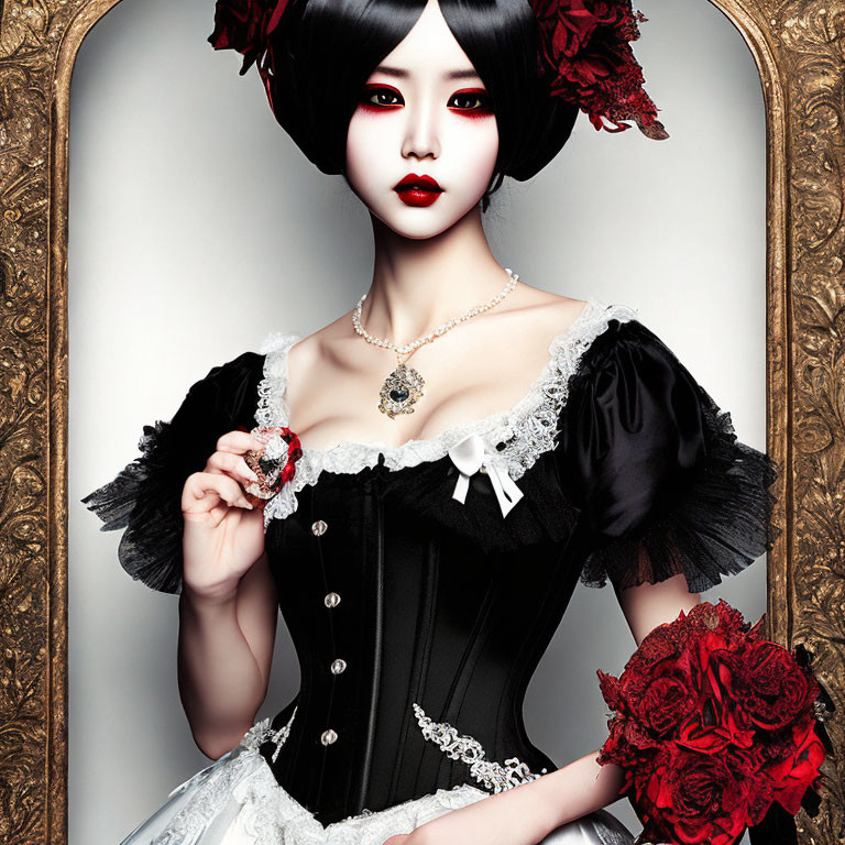 Stylized portrait of woman with pale skin, dark bob hair, in Victorian dress with red apple