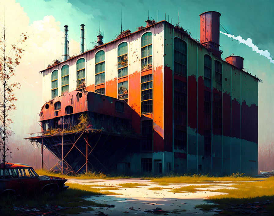 Abandoned factory with rusted walls and overgrown vegetation under moody sky