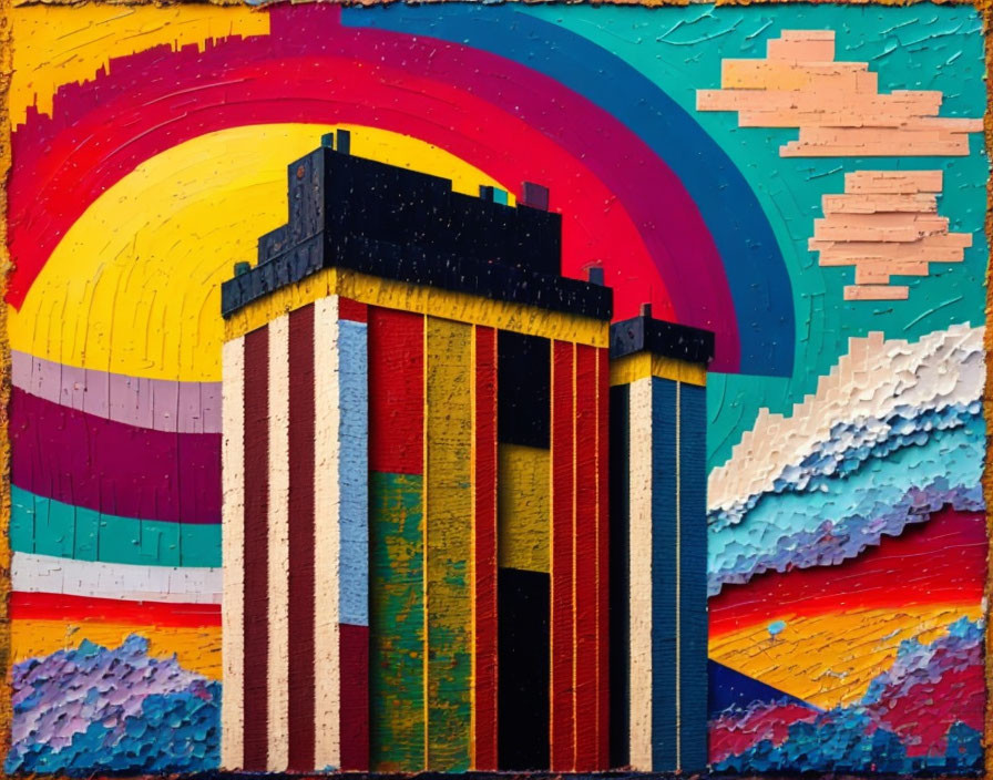 Colorful Striped Building Against Sunset Sky Painting