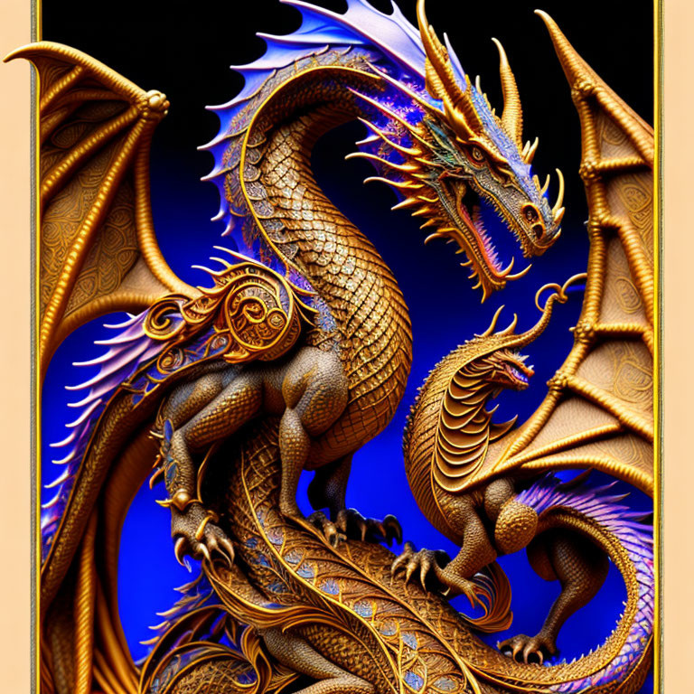 Golden dragon digital artwork with intricate scales and elaborate wings on dark blue background