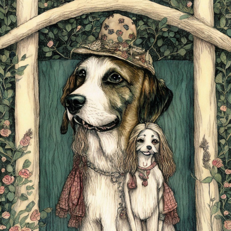 Anthropomorphic dogs in vintage attire among rose bushes