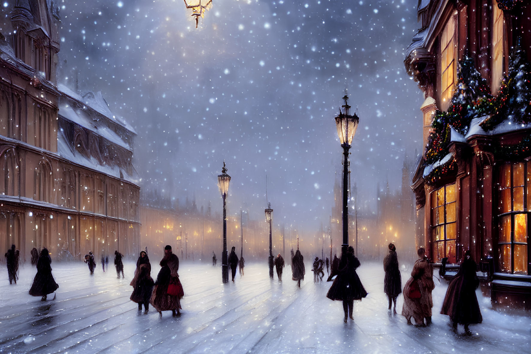 Victorian-era street scene with snow, period attire, lit street lamps & Christmas decorations