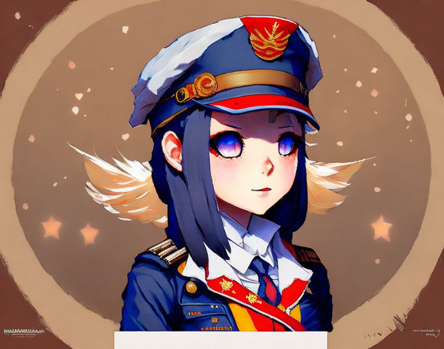 Girl with Blue Hair in Military Cap and Uniform with Winged Insignia on Brown Background