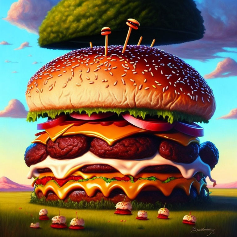Gigantic burger in surreal landscape with vivid sky and scattered smaller burgers