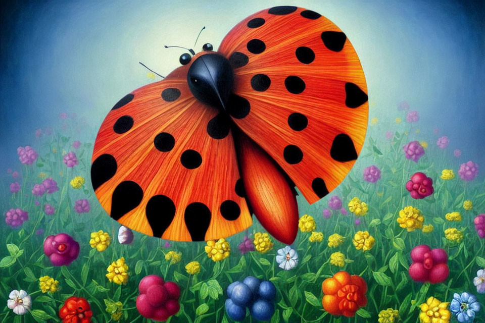 Colorful Ladybug Illustration Among Flowers and Berries