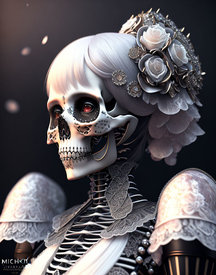 Stylized 3D skull art with floral decorations on dark background