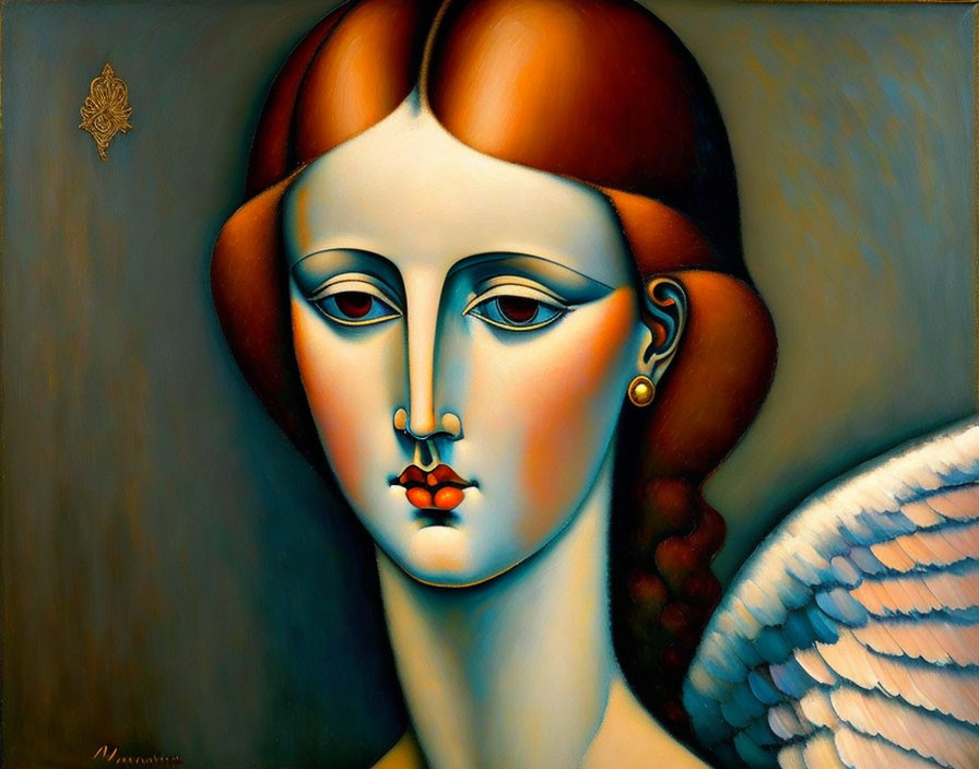 Stylized female portrait with prominent eyes and lips, featuring a wing, on muted backdrop
