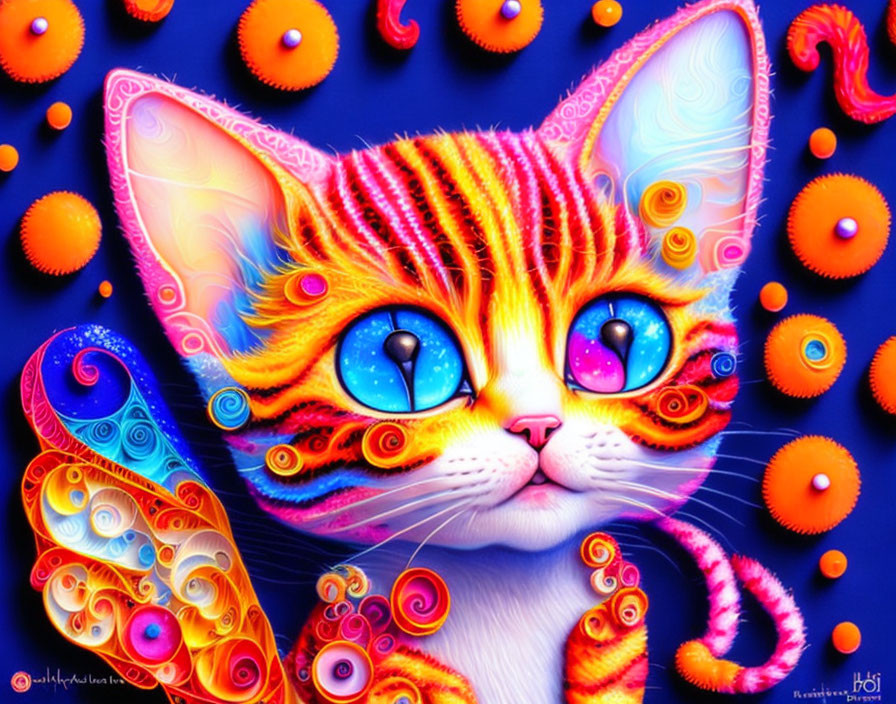Colorful Cat Artwork with Blue Eyes and Orange Spheres on Blue Background