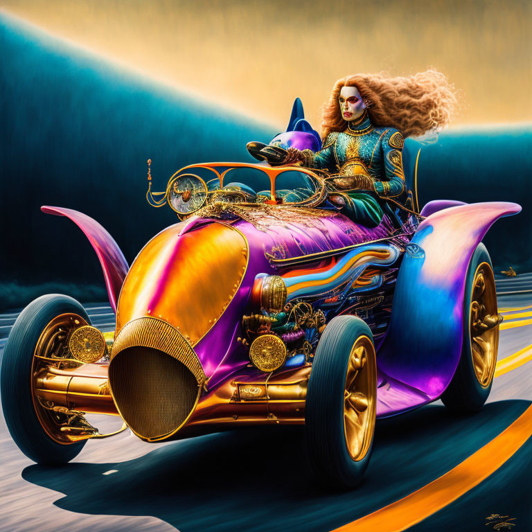 Colorful digital artwork: Woman with flowing hair driving fantasy hot rod