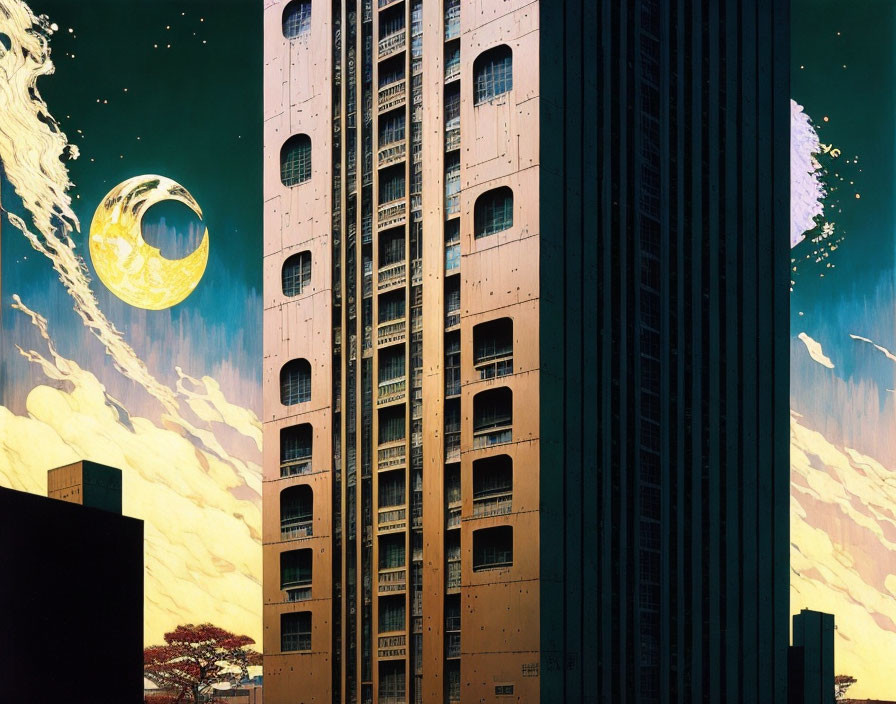 Surreal night sky illustration with tall buildings and moon