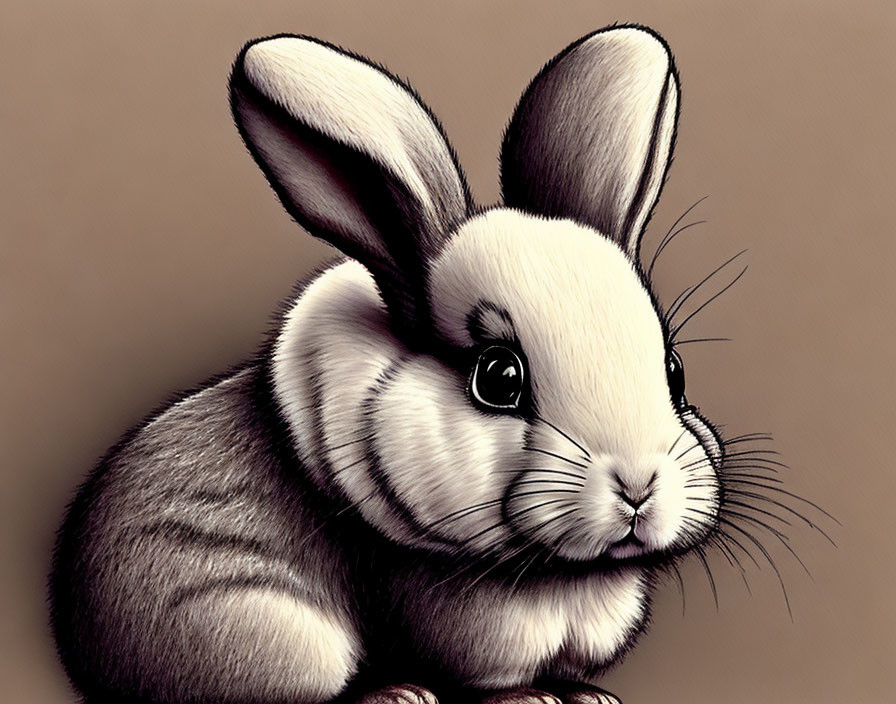 Cute bunny illustration with large eyes and soft fur on tan background