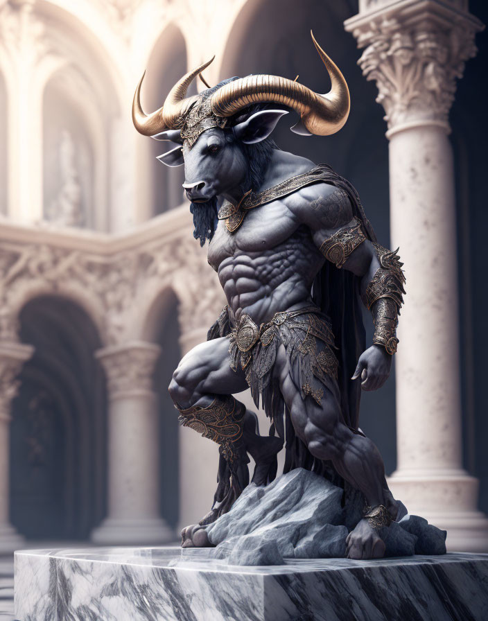 Muscular Minotaur in Golden Armor on Marble Pedestal in Elegant Hall