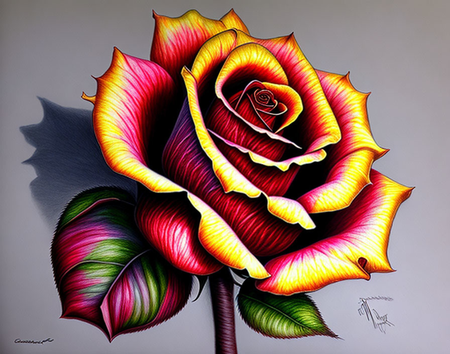 Colorful realistic drawing of a vibrant rose with yellow-tipped petals