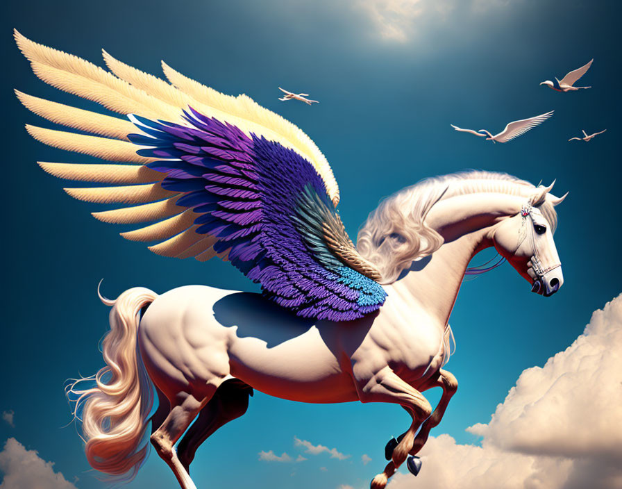 Colorful winged Pegasus flying in a cloudy sky