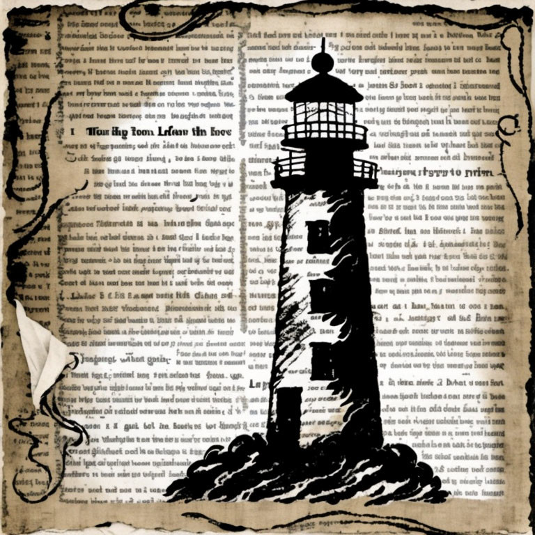 Lighthouse illustration with beam of light on parchment background