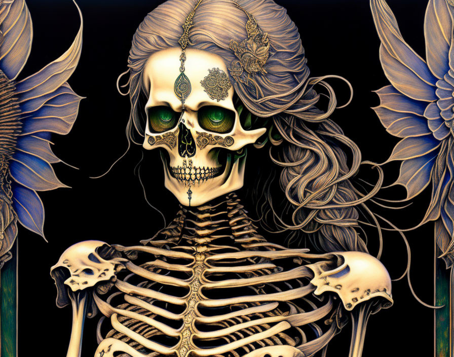 Illustrated skeletal figure with green eyes, ornate headpiece, flowing hair, and stylized wings