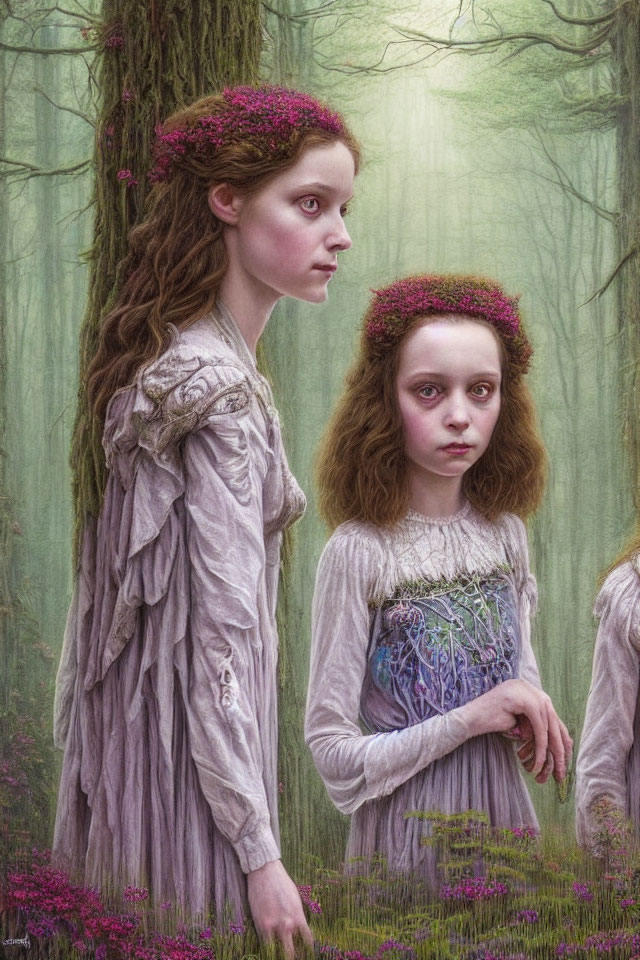 Ethereal figures with floral crowns in misty woodland landscape
