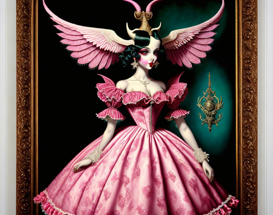 Fantastical female character with pink wings and Victorian dress in ornate portrait