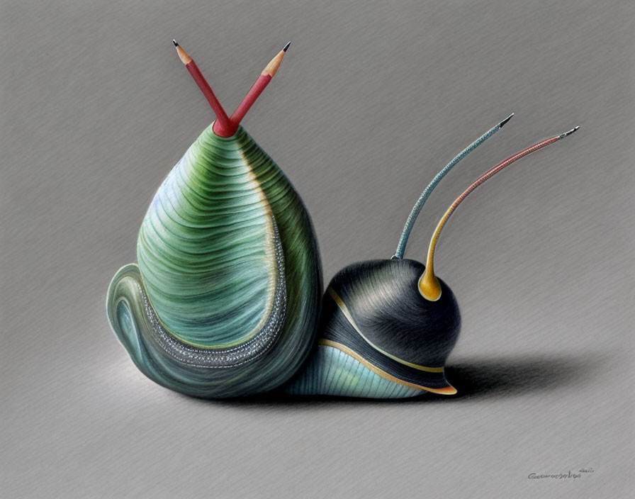 Surreal illustration: snail with pencil shell & antennae