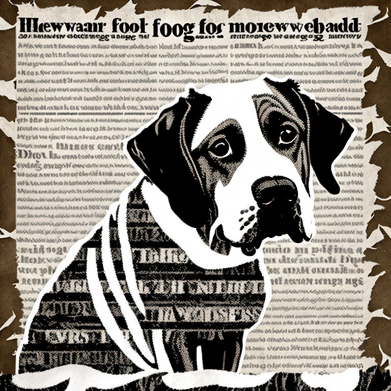 Monochrome dog graphic on newspaper clippings background
