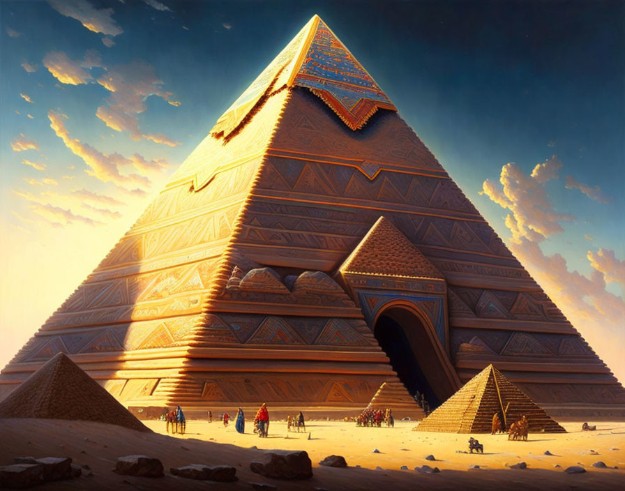 Detailed illustration of monumental pyramid in desert landscape