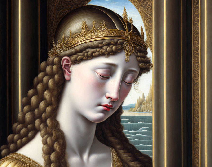 Portrait of Woman with Braided Hair Crown and Gold Diadem in Architectural Setting